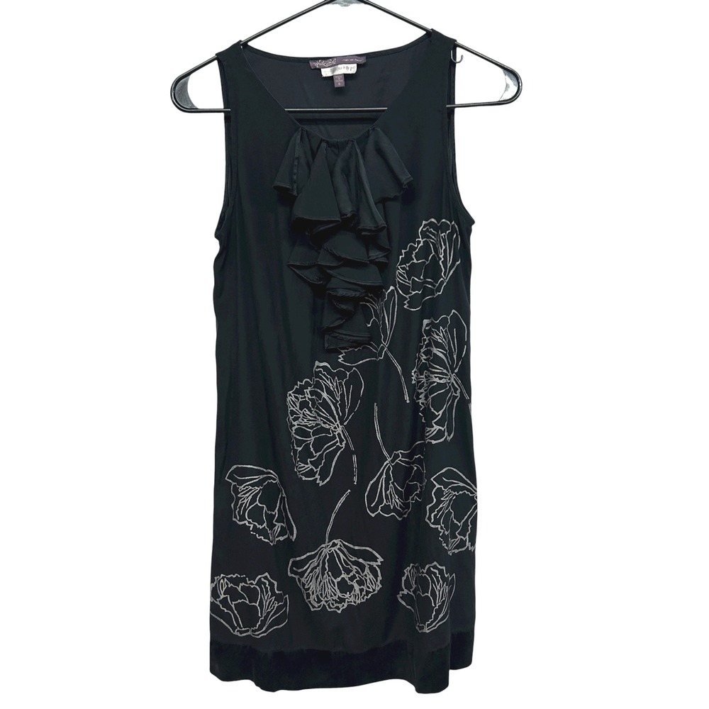 Halston Black‎ Silk Floral Dress Sleeveless Romantic Ruffle Cocktail Party S